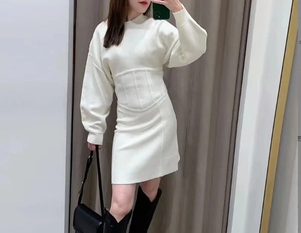 

Women's Knitted Dress Solid Bodycone Waistband O-neck Puff Sleeve Ladies OL Mini Robe Early Autumn New