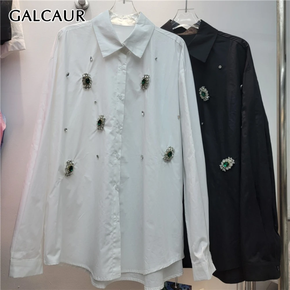 

GALCAUR Solid Spliced Diamonds Elegant Shirt Female Lapel Long Sleeve Loose High End Women's Shirts Autumn Fashion Clothing New
