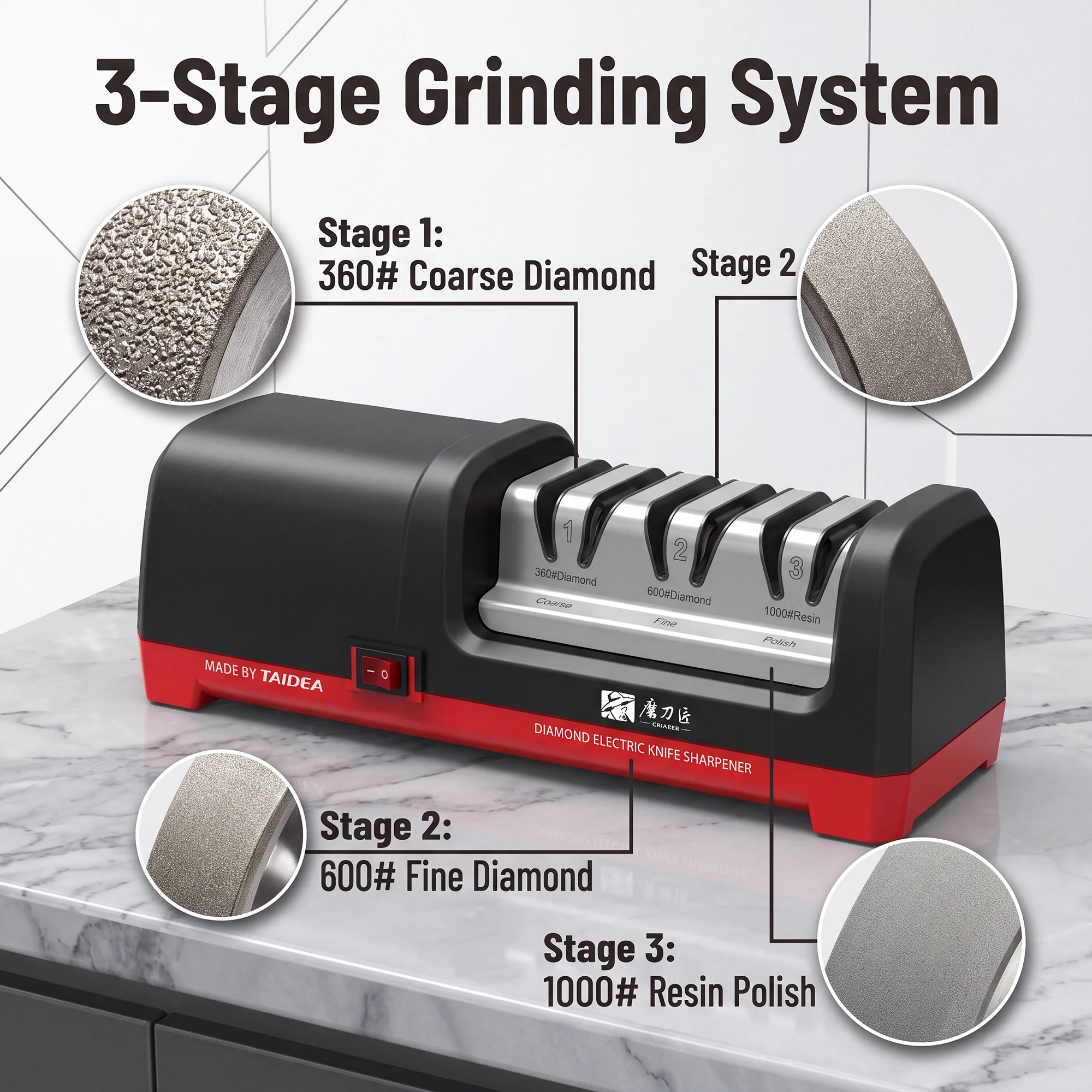 Taidea 3 Stages Electric Diamond Knife Sharpener 360 600 1000 Grit Pull Back Sharpening Tool Kitchen Use