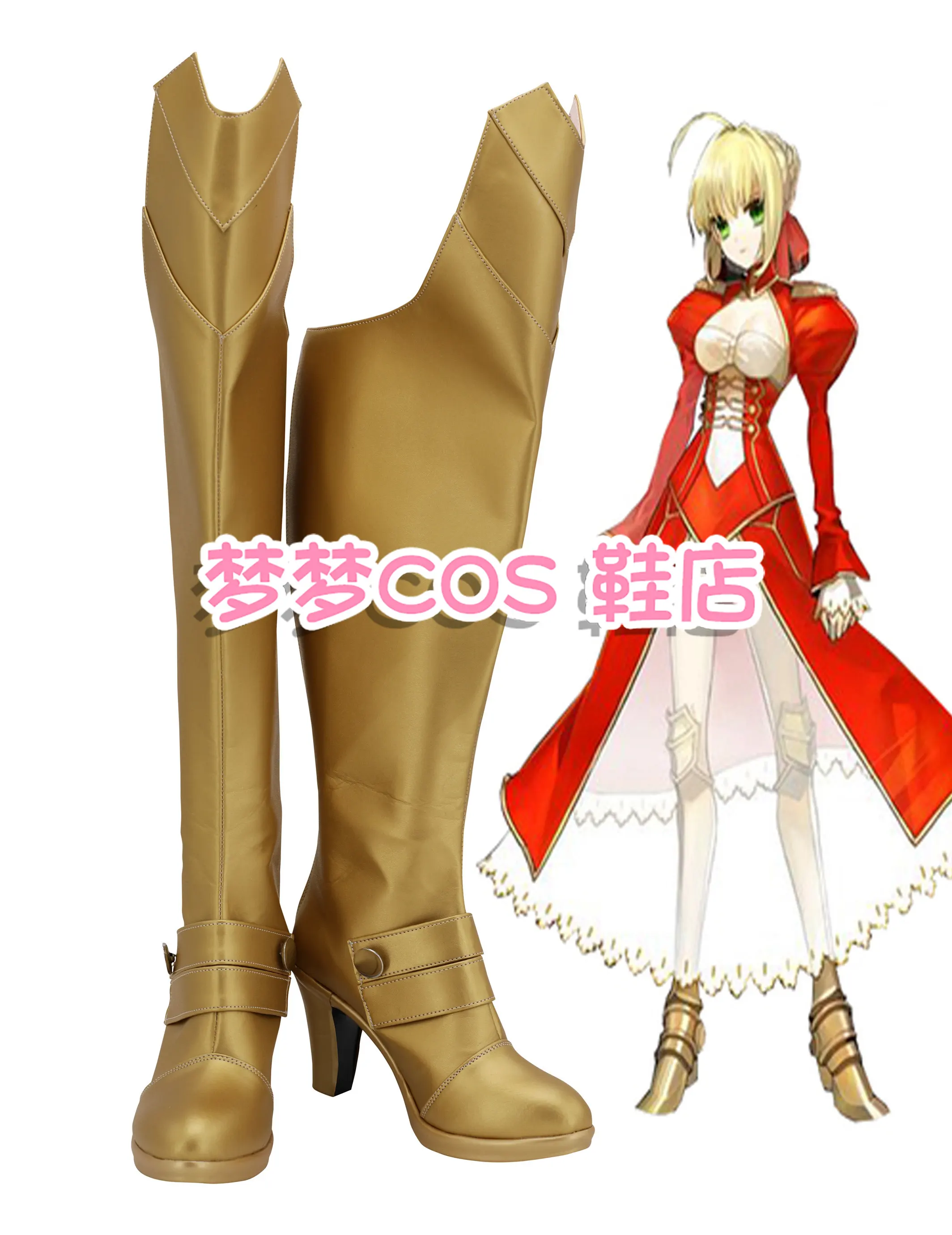 

Fate Extra Red saber Nero Claudius Cosplay Shoes High Heels Boots Gold Handmade Faux Leather Boots