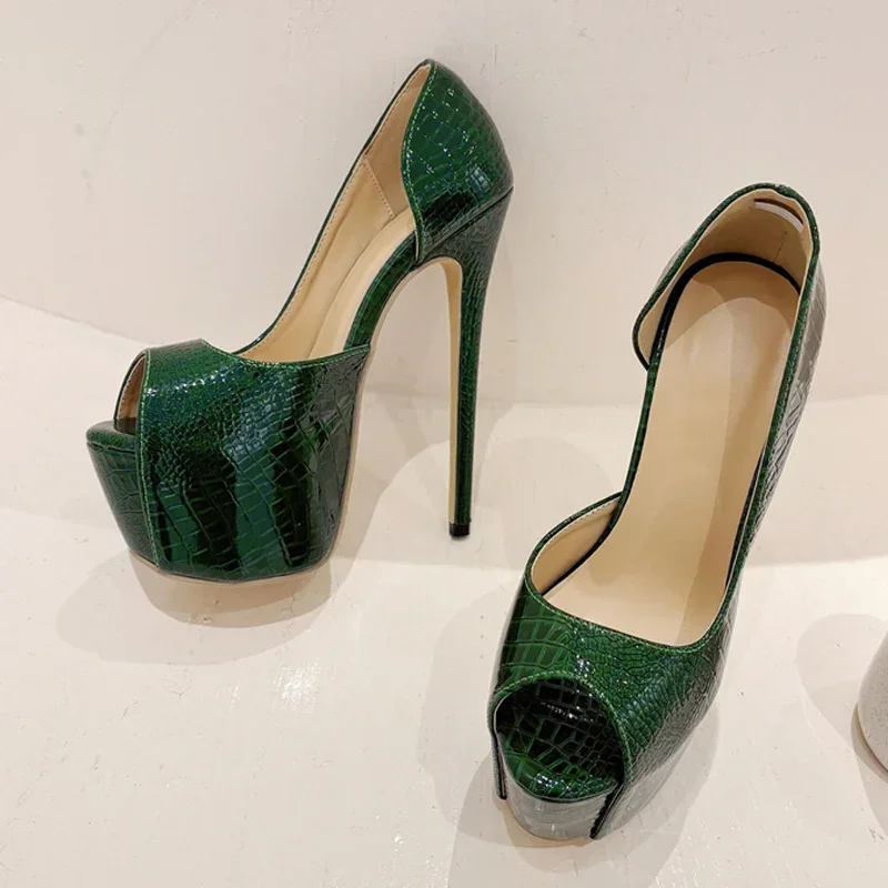 

2025 New Green Snake Print Leather Platform Pumps Women Sexy Slingback Peep Toe Extreme High Heels Strip Pole Dance Shoes