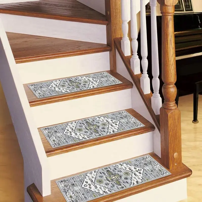 VIKAMA Vintage Floral Gray Crystal Velvet Stair Runner for Wood Steps Anti Skid Cozy Aesthetic Plush Cushion Home Decor