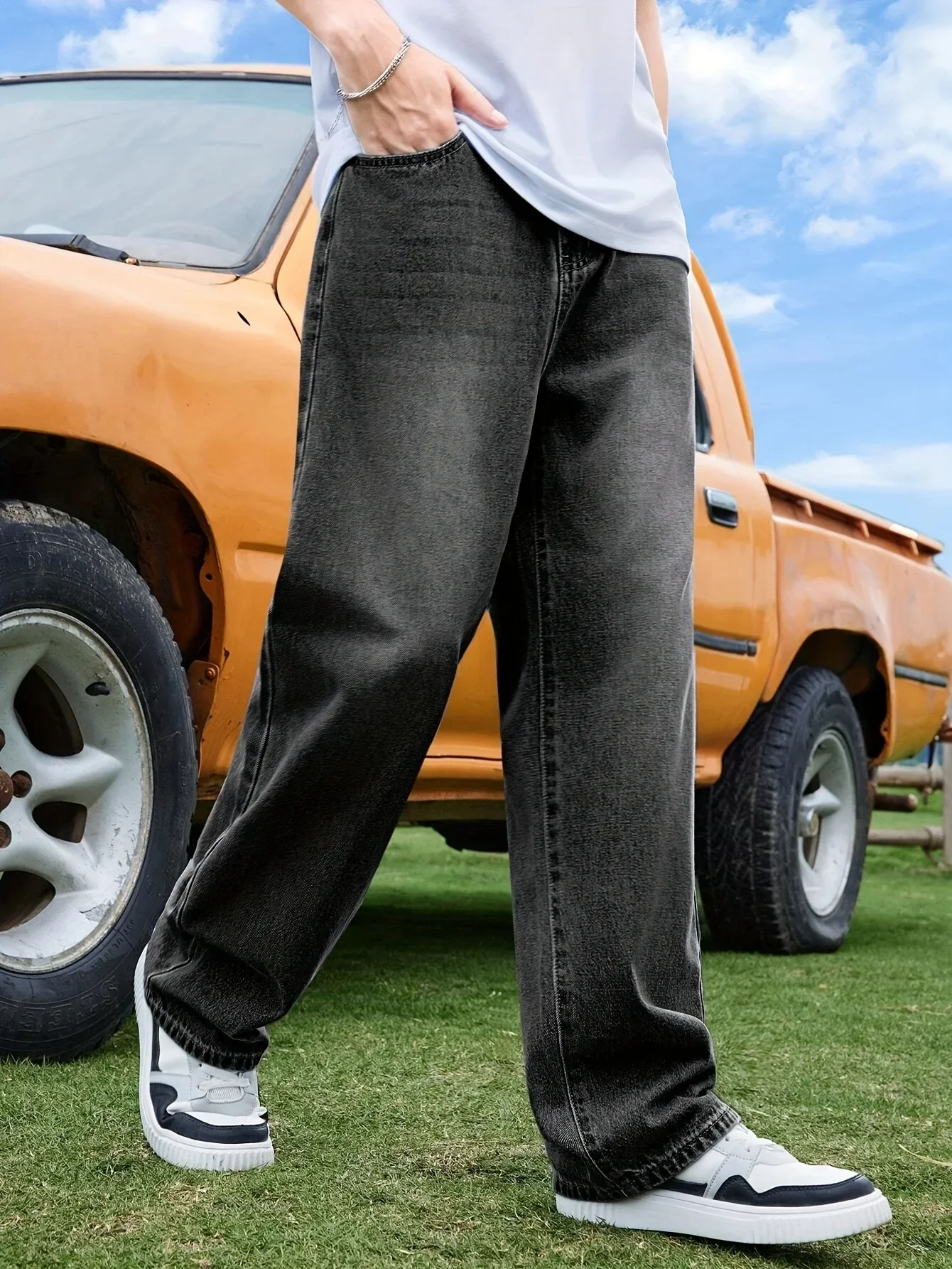 

1pc Men'S Wide Pants, Brushed Y2K Rocker Jeans, Loose Fit, Buggy Black, Hip-Hop Style,