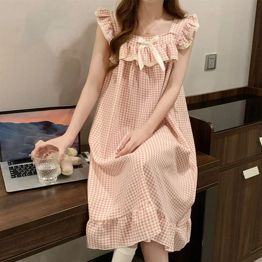 

Lace Ruffle Women's Grid Pajama Dress Sweet Bowknot Sleeveless Nightdress Sleepwear Loose Nightgowns with Pads Summer