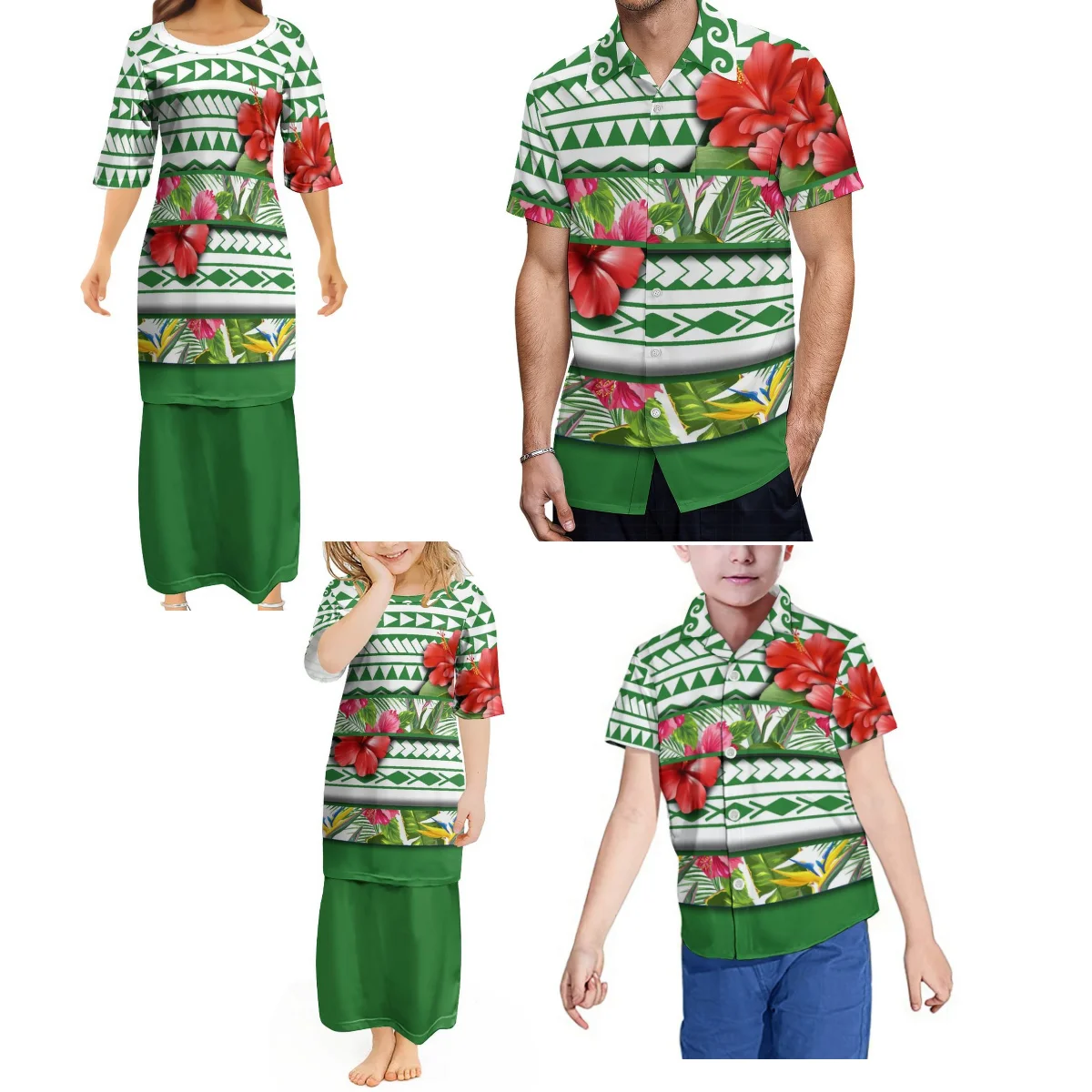 Polynesian Island Style Samoan Women'S Crew Neck Dress Girls Dress puletasi Two-Piece Set And Men'S Shirt Family Set