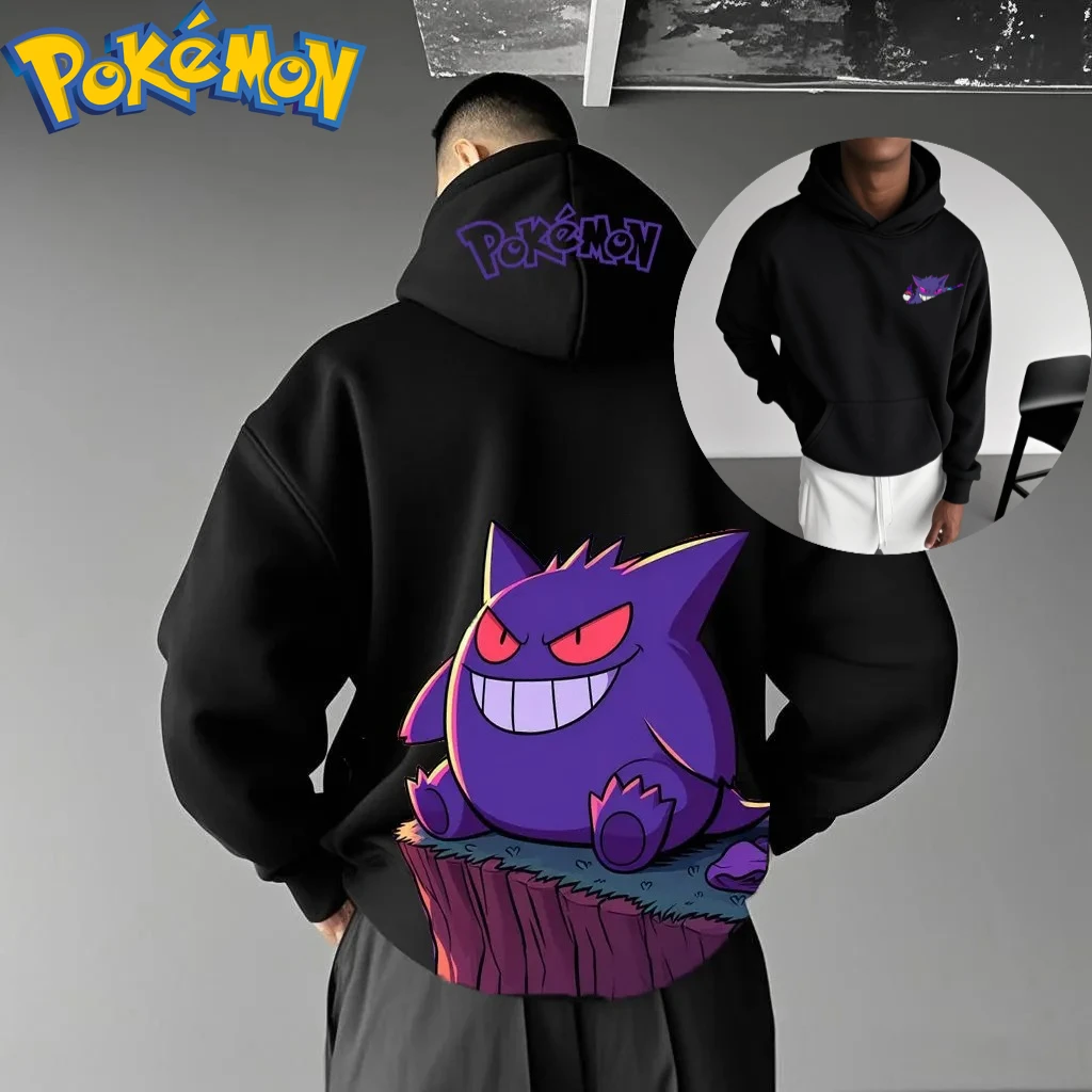 

Pokemon Anime Gengar Cotton Hoodie Set Black Color Character Print with Purple Ghost Red Eyes Stump Sitting Pattern Casual