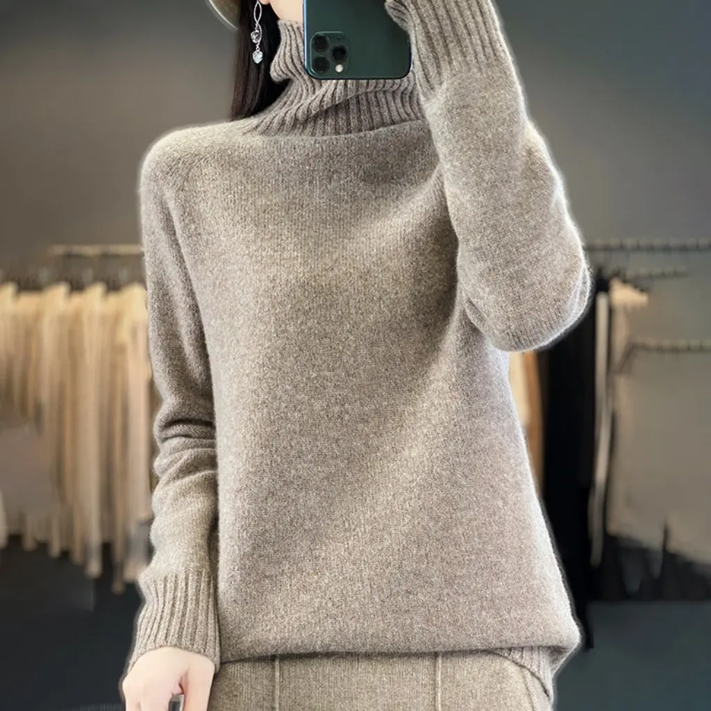 

Women's Thickened Wool Sweater Solid Color High Lapel Shoulder Style Loose Knitted Base Shirt for Autumn Winter