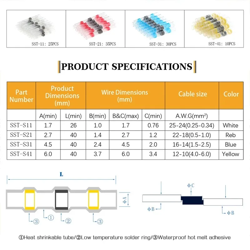 100Pcs Waterproof Seal Heat Shrink Solder Wire Connector Shrinkage Solder Sleeve Heat Shrink Tube kit Wire Splice Connector
