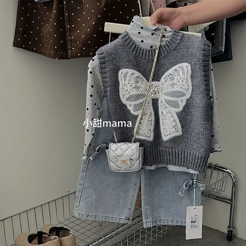 

Girls 2025 Autumn New Korean Casual Simple Pearl Bow Knit Vest Polka Dot Base Shirt Denim Toddler Girl Winter Clothes