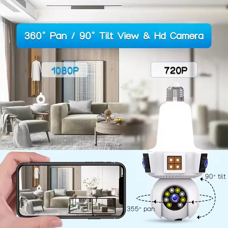 6MP V380Pro Dual Lens E27 Full Color Wireless PTZ IP Dome Camera AI Humanoid Detection Home Security CCTV Baby Monitor