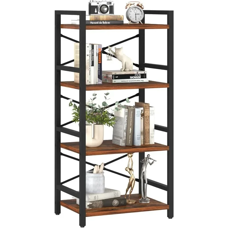 4Tier Bookshelf - Small Book Shelf Industrial Bookcase, Narrow Book Case Book Storage Organizer for CD/Movie/Book, Bookshelves