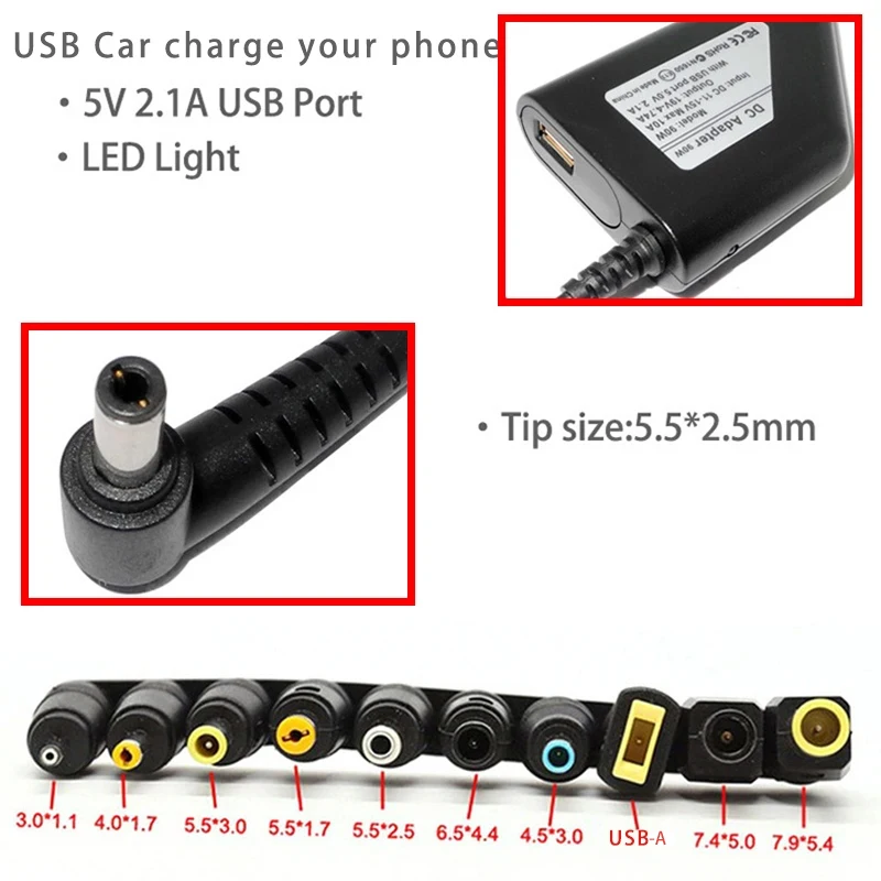 Car Charger19V 4.74A 90W Universal Laptop Power Adapter Charger for Lenovo Asus Acer Dell HP Samsung Toshiba  with 10 Connectors