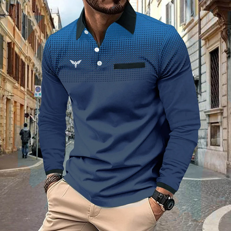 New Spring Autumn 3D Digital Print Sport Long Sleeve Polo Shirt Men Business Casual Golf Polo Shirt Fake Pocket Stitching