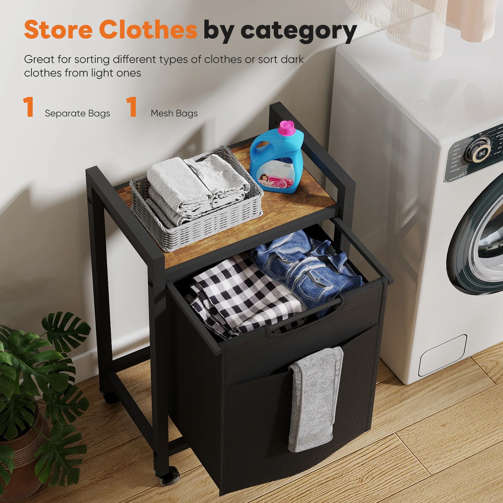 

JHK 69L Cabinets with Movable Wheels Rolling Laundry Basket Metal Frame and Pull-Out Removable Sorter Bags Clothes Basket Organizer for Furniture ﻿