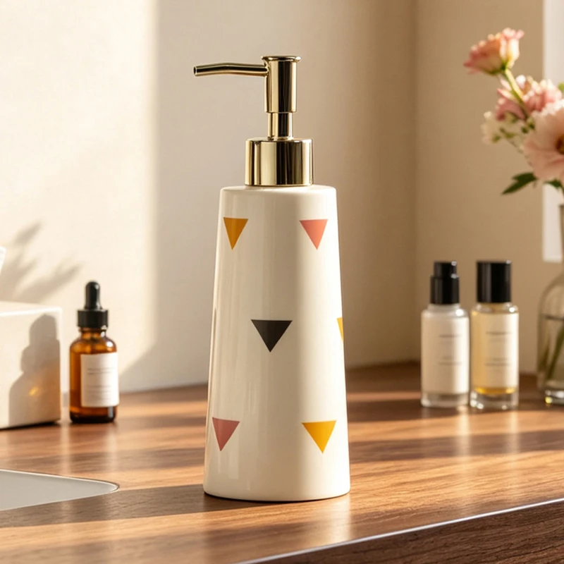 Ceramic Soap Dispenser Gold Marble Triangular Pattern Hand Sanitizer Bottle with Gold/silver Pump Countertop Bathroom Decoration