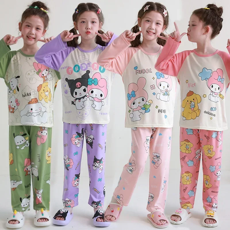 Spring Child Girls Cartoon Pajamas Sanrio Printed Kawaii Thin Tops Pants Melody Purin Pochacco Cinnamoroll Kuromi Set Clothes