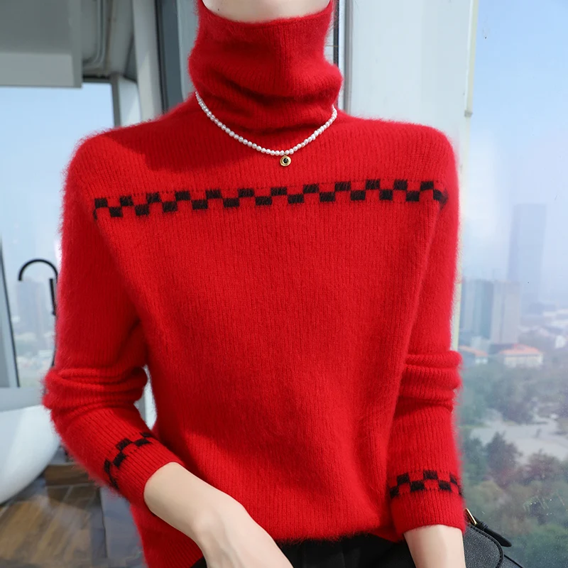 100% Mink Cashmere Sweater Women's High neck Knitted Pullover Slim Fit Fashion Needle Women's BottomTops Autumn Winter Wwarm