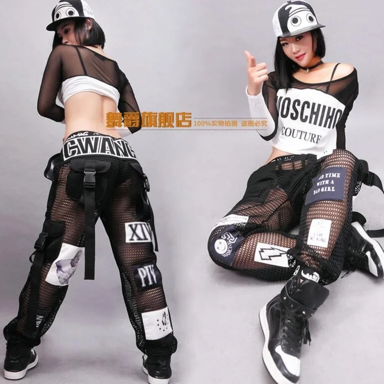 #0103 Summer Hip Hop Pants Women Black/White Mesh Mesh See Through Pants Loose Streetwear Patchwork Big Pockets Joggers Women