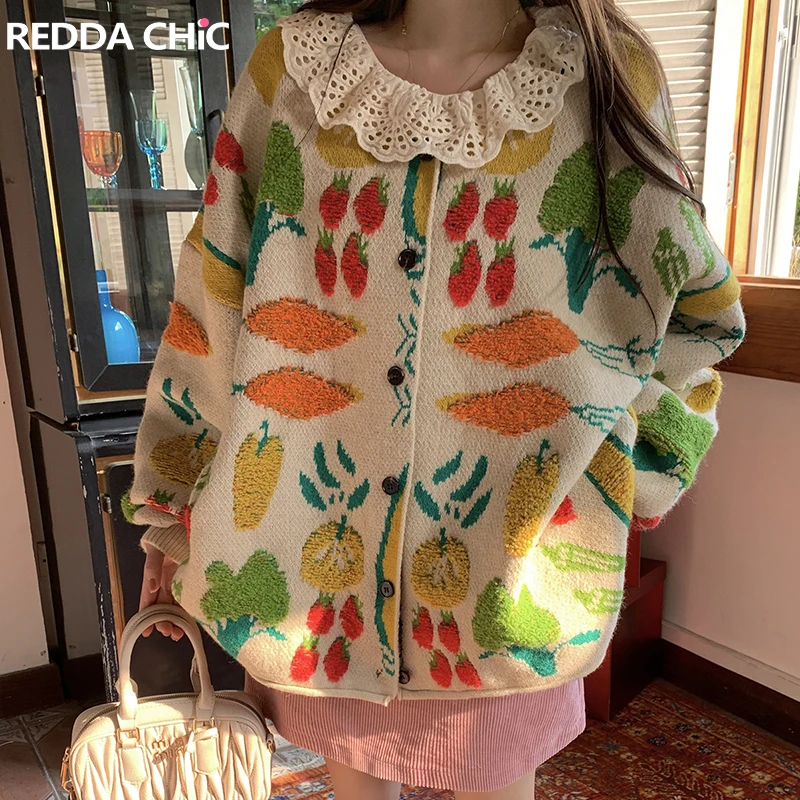 

ReddaChic Fruit Farm Knit Cardigan for Women Heavy Industry Jacquard Casual Long Sleeves Winter Sweater Coat Y2k Vintage Outwear