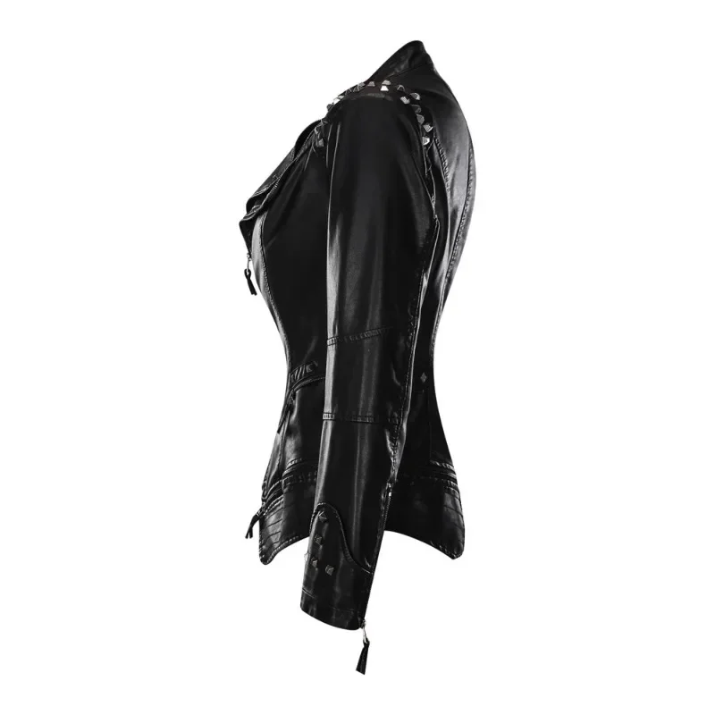 Motorcycle PU Leather Coat with Rivets for Ladies, Double Zip Lapel, Large Size, Autumn