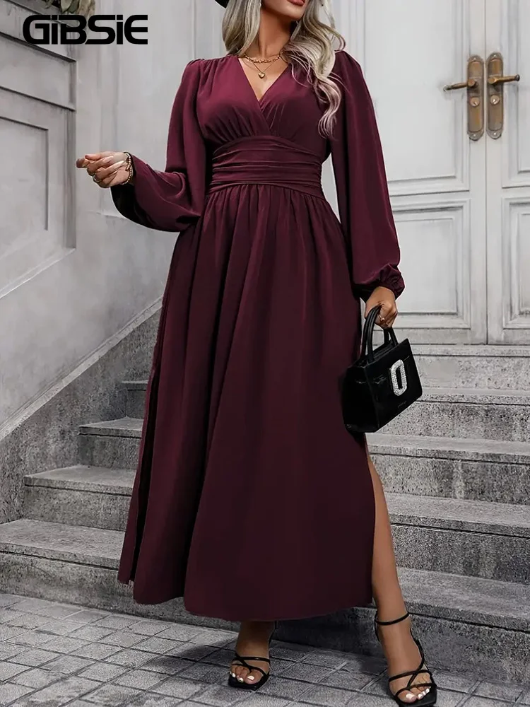 

GIBSIE Plus Size Lantern Sleeve With High Split Long Dress Women Spring And Autumn V-Neck High Waist Elegant A-Line Dresses