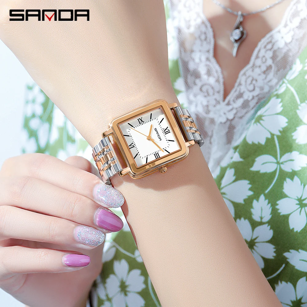 Fashion Sanda Top Brand Ladies Watch Stainless Steel Luxury Woman Square Simple Rose Gold Quartz Wristwatch Relojes Para Mujer