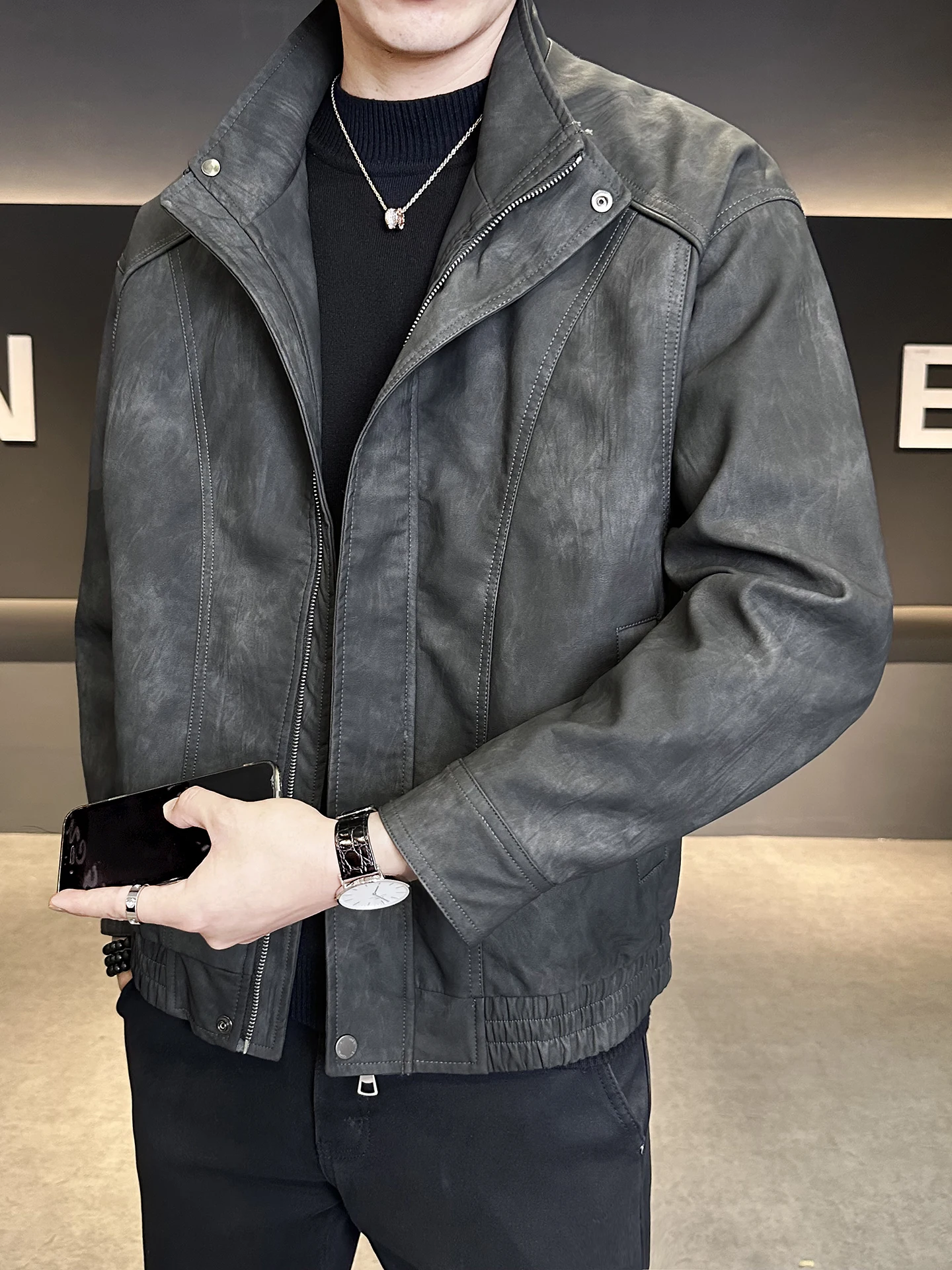 

Casual Loose Men's Leather Jaet Autumn Faion Brand Stand Collar High-End Feeling Cool Motorcycle Clothes PU Leather