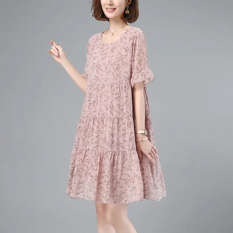 

Female Clothing Broken Flowers Dresses Vintage Short Sleeve Summer Loose A-Line Casual O-Neck Stylish Folds Spliced Midi Dress