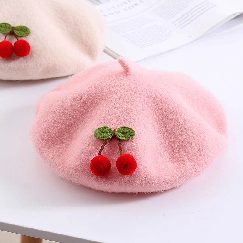 RH Spring And Autumn Girl Children British Painter Hat Baby Wool Fashion Kawaii Cherry Women Beret Caps