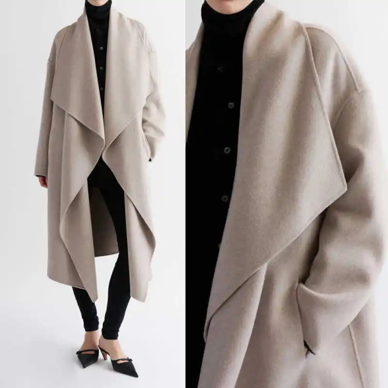 

Korean Style Women's Overcoat Large Lapel Long Double-sided Woolen Loose Coat Casual Thicken Outerwear Spring Customized