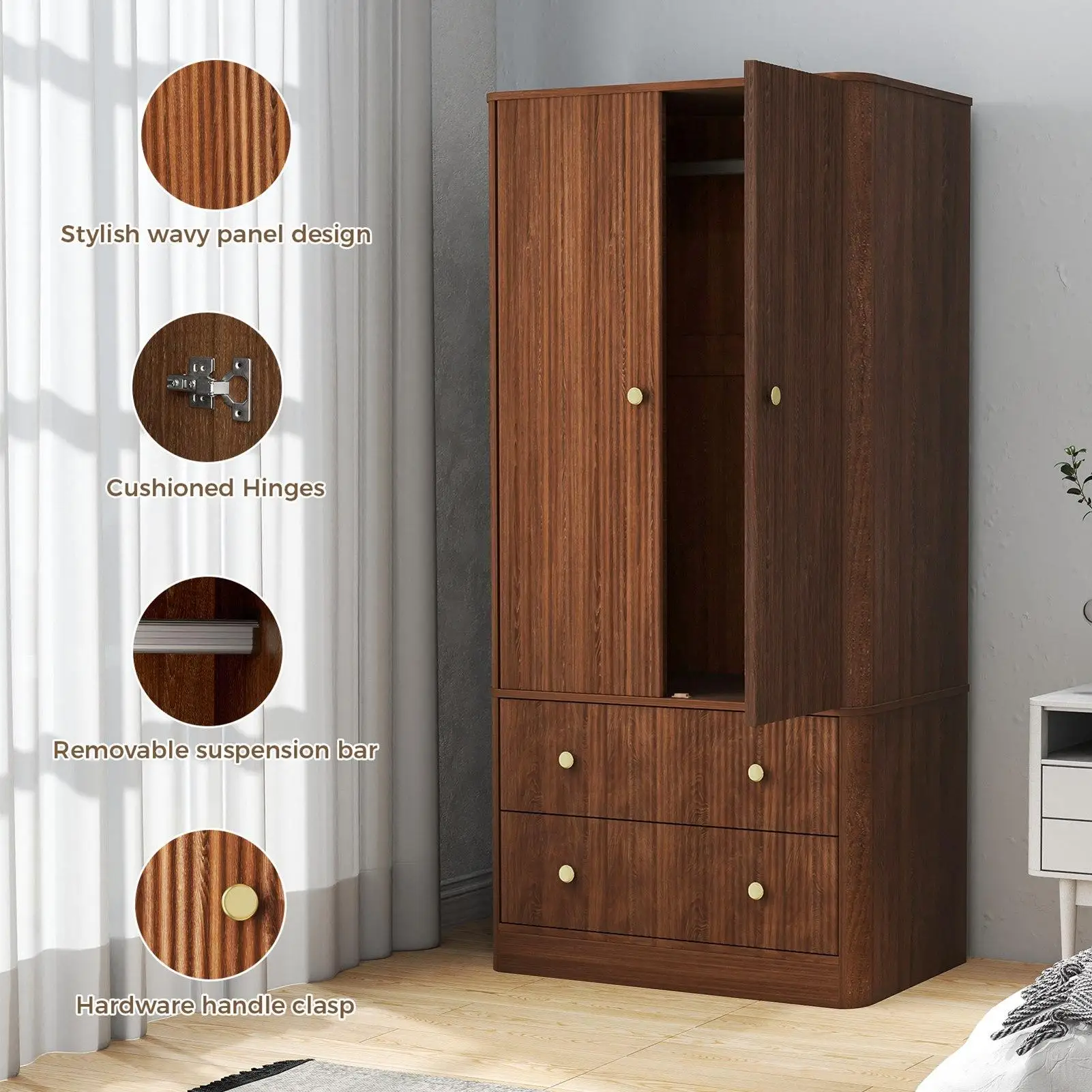 Walnut 2-Piece Fluted Freestanding Armoire Wardrobe - 2 Doors & 2 Drawers, Large Capacity Wooden Closet for Bedroom Living Room