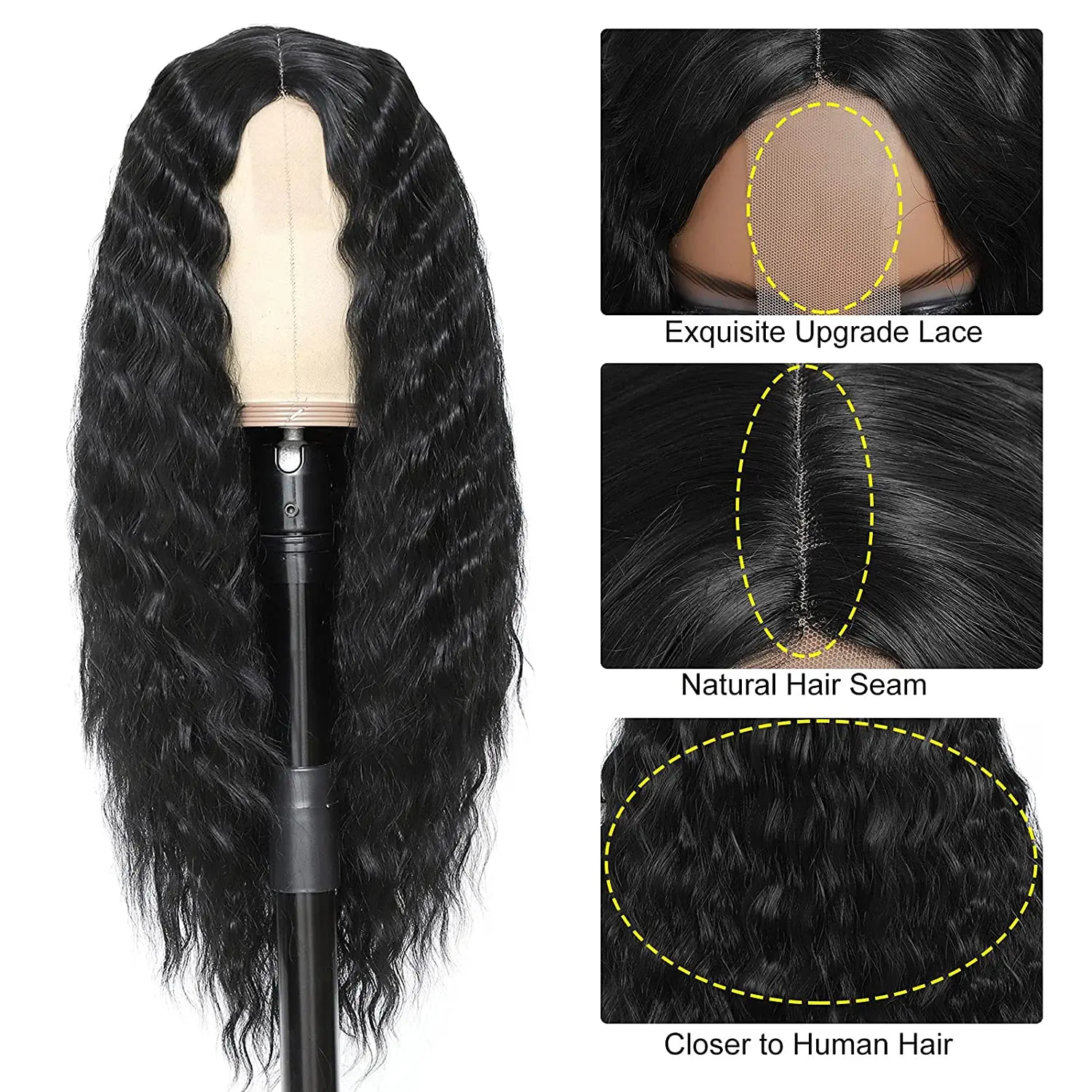 Wig Keriting Sintetis Panjang Wig Hitam Gelombang Dalam untuk Wanita 30 Inci Wig Gelombang Hitam Panjang Bagian Tengah Wig Renda Kulit Kepala Palsu Alami