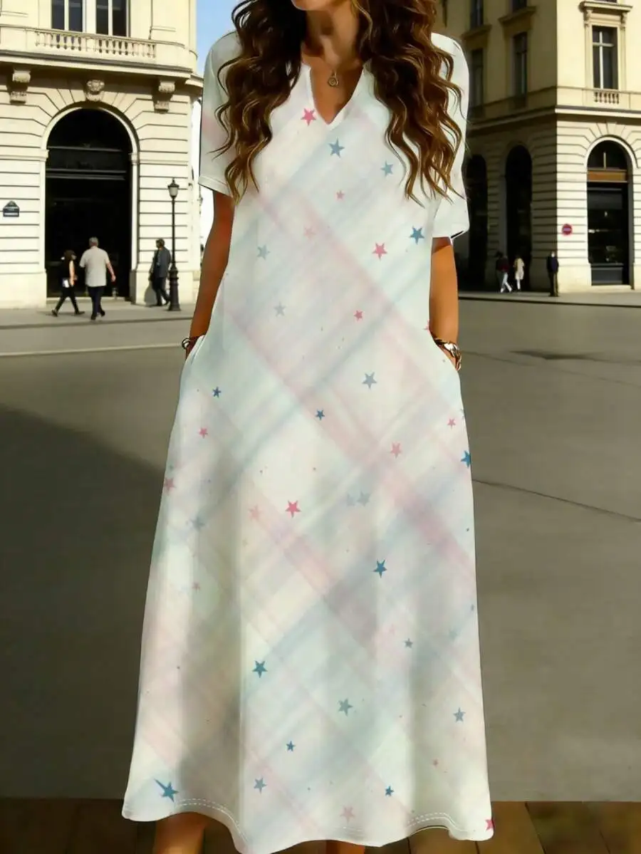 

V Neck Long Dress White With Pastel Stripes And Stars Print Casual Vacation Summer Women