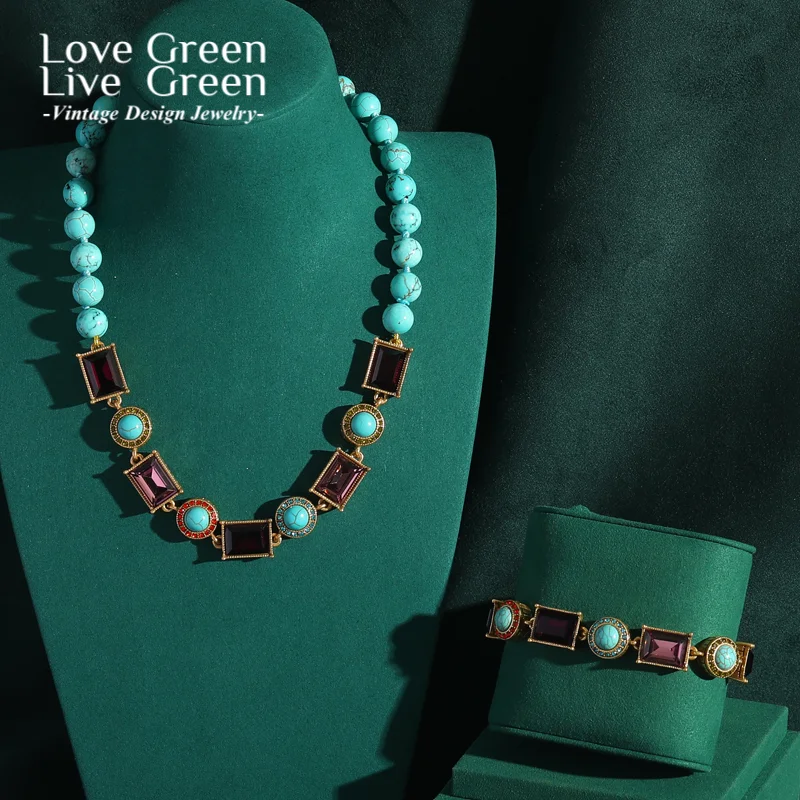 

Винтажный комплект ювелирных изделий для женщин, роскошный дизайнерский синий натуральный камень, антикварное ожерелье, фиолетовый квадратный браслет, аксессуары, новинка 2023 года