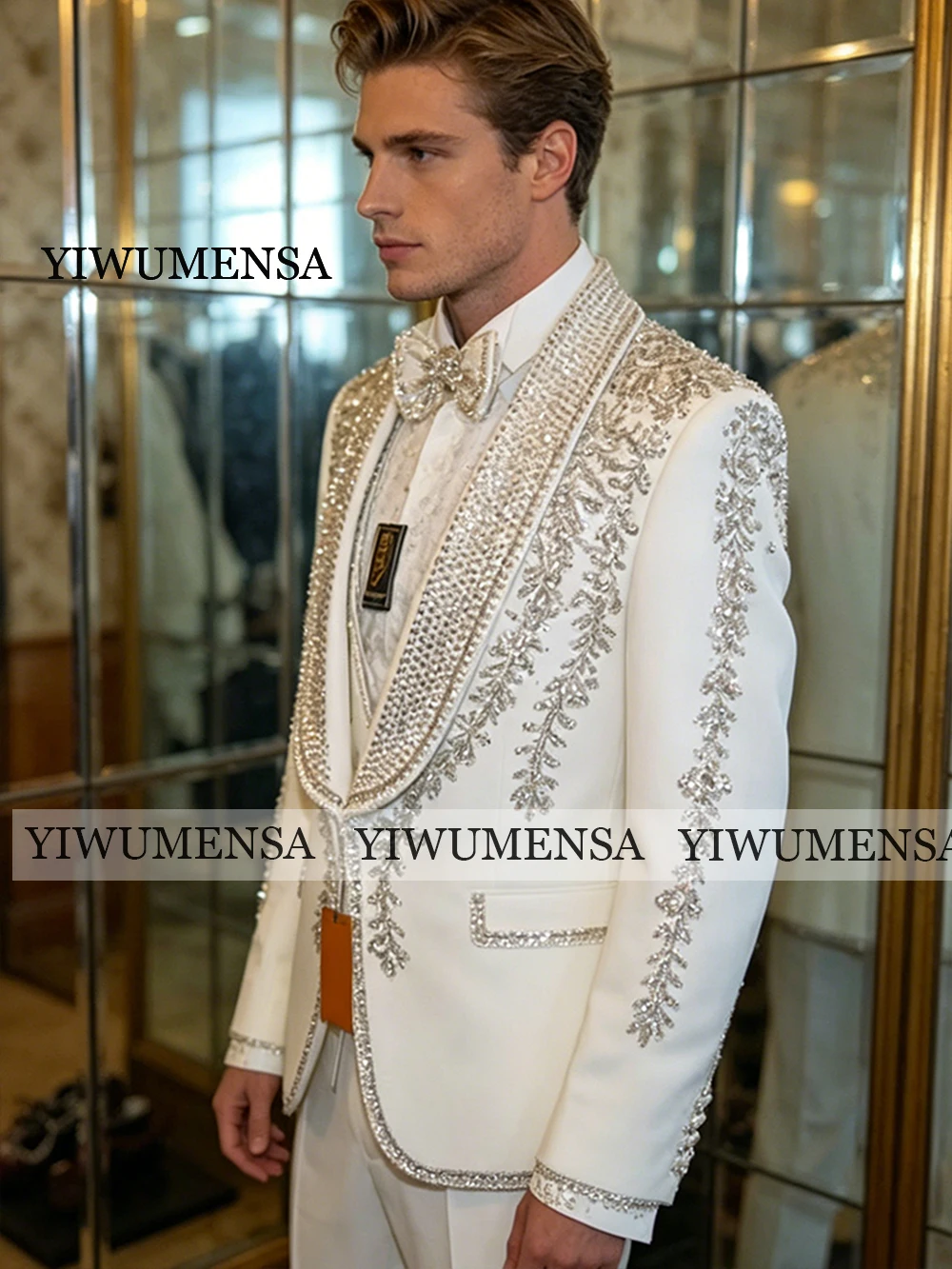 

Exquisite Suit Man For Weding Jewelry Stones Ornament Prom Blazer Customized 3 Piece Sets Groom Tuxedos Formal Party Male Outfit