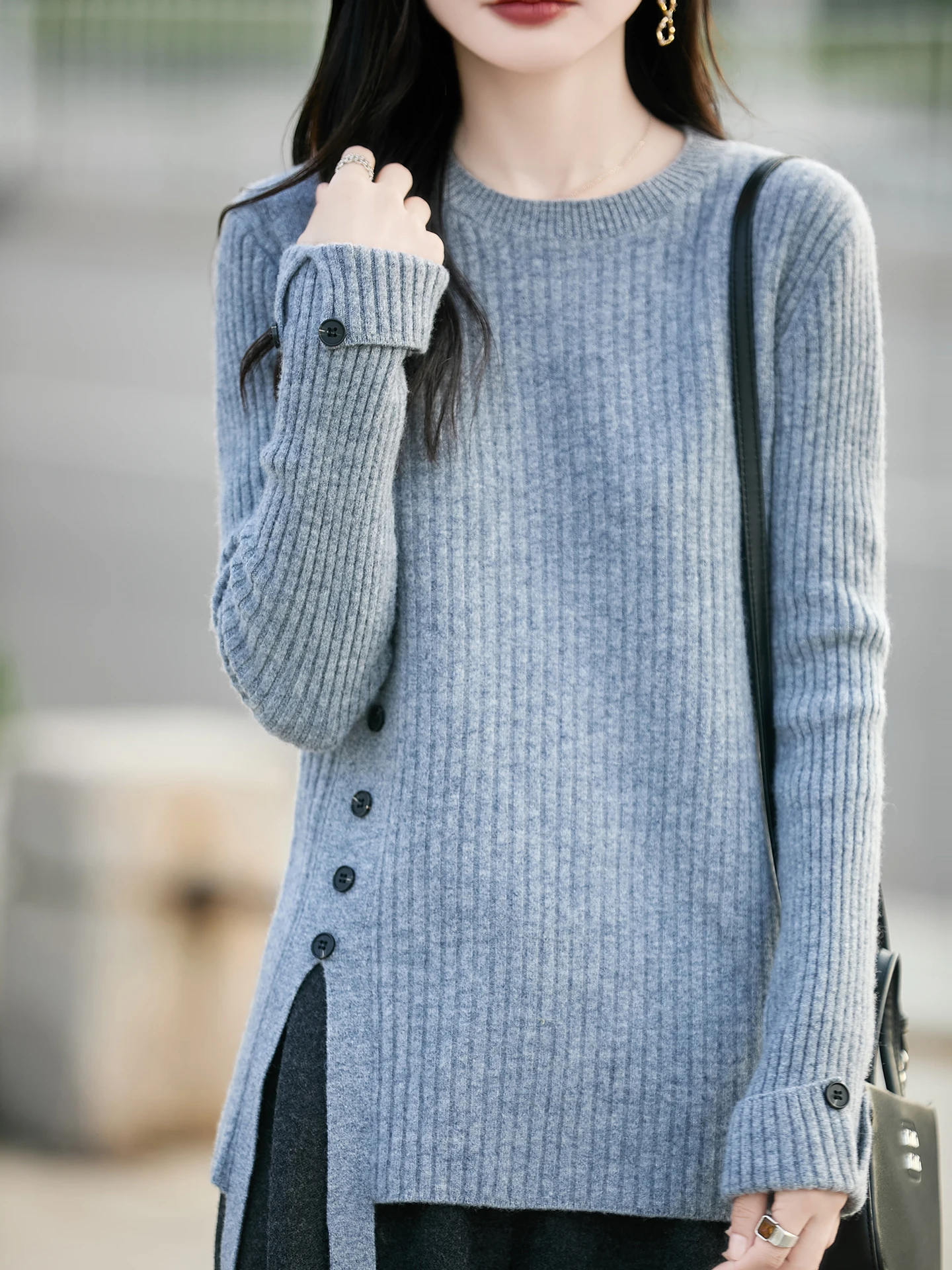 

Женский модный пуловер с разрезом по подолу, 100% мериносовая шерсть, с круглым вырезом, сплошной цвет, свободный трикотаж, с длинными рукавами, приятный для кожи, удобный топ