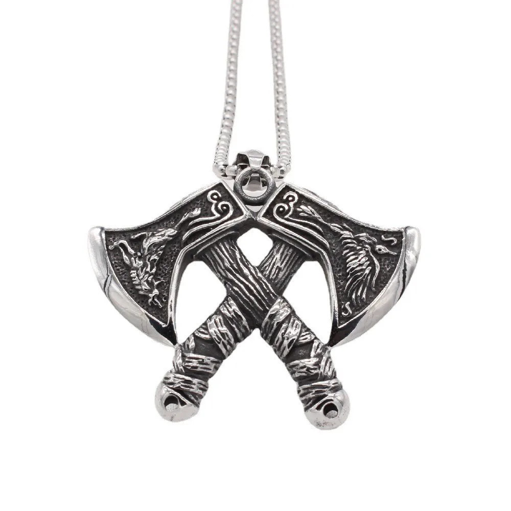 NORRON Wolf Eagle Relief Double Battle Axe Pendant Necklace Men Personality The Phoenix Viking Axe Alloy Pendant Fashion Jewelry