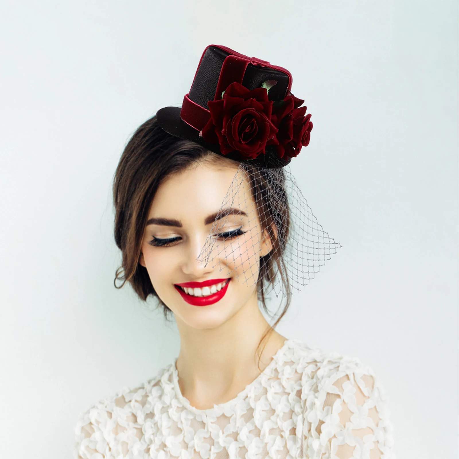 

Red Rose Hair Hat Vintage Party Headwear Gauze Hairpin For Women Girls Flower Hairpin Gauze Lady Bobby