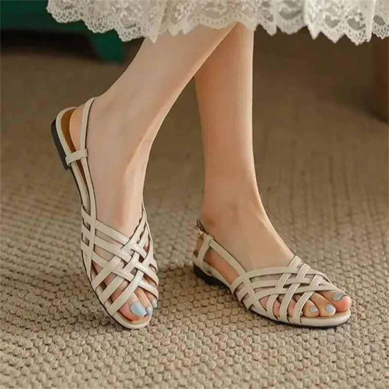 Rome Woven Sandals Women 2025 New Flat European and American Women's Shoes White Low Heel Hollow Fish Mouth Shoes - Image 2