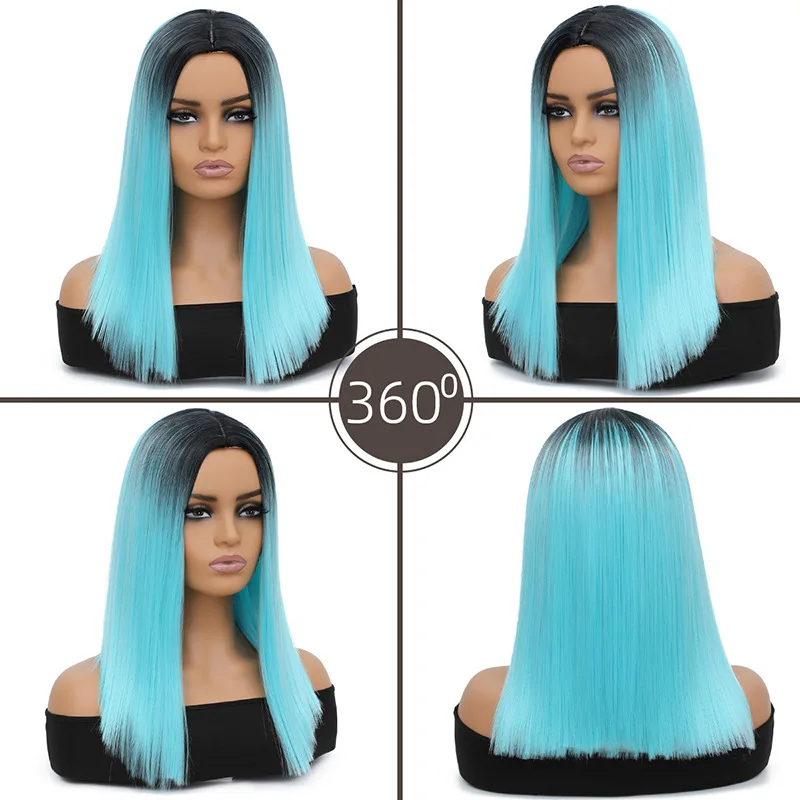 Cross border fashion women's black and blue gradient color short straight hair high temperature silk wig headband