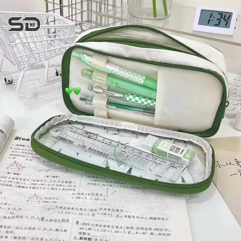 Large Capacity Pencil Bag Lovely Double Layer Vegetable Stationery Bag Kawaii Green Onion Pencil Case