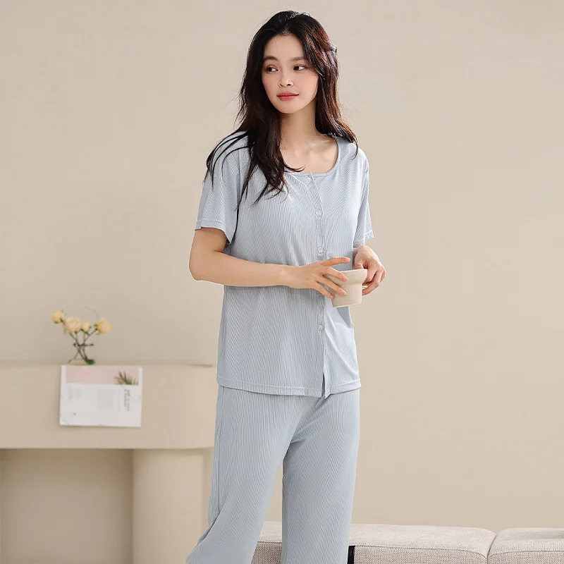 Summer Pajamas Set Women With Chest Pads Short Sleeve Tops + Long Pants Casual Tracksuit Female Sleepwear Cardigan Pijamas Mujer 6