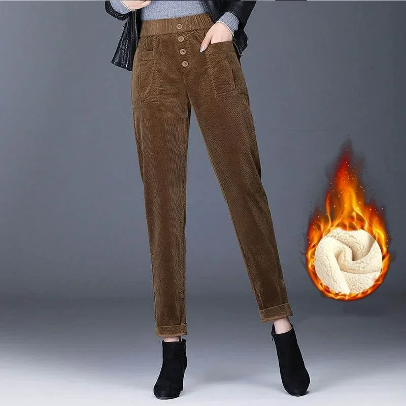 Simple Fleece Thick Corduroy Small Feet Pants Women High Waist Pocket Button Patchwork Loose Straight Casual Trousers Z695