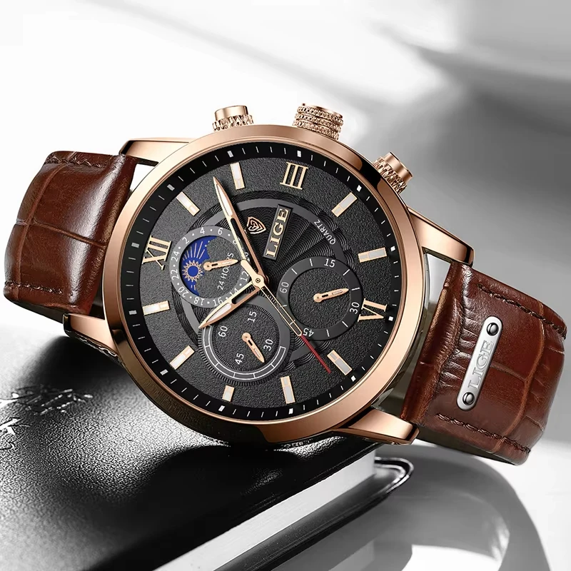 LIGE Casual Men Watch Luxury Leather Waterproof Sport Quartz Wristwatch Chronograph Military Watch for Men Relogio Masculino