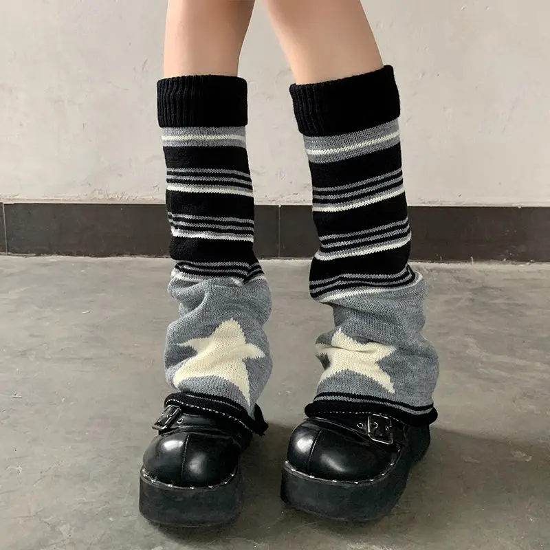 

Black Gray Striped Star Socks for Women Winter Knitted Pile Socks JK Uniform Calf Leg Cover Y2k Goth Fashion Leg Warmer Girls