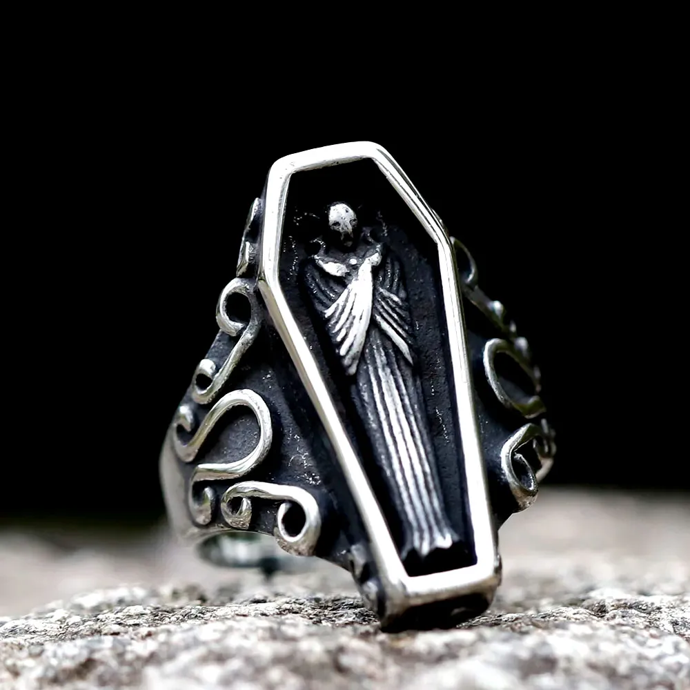 Retro Gothic Mummy Vampire Coffin Ring Stainless Steel Punk  Skull Ring For Men Biker Street Trendy Accessories Fashion Jewelry