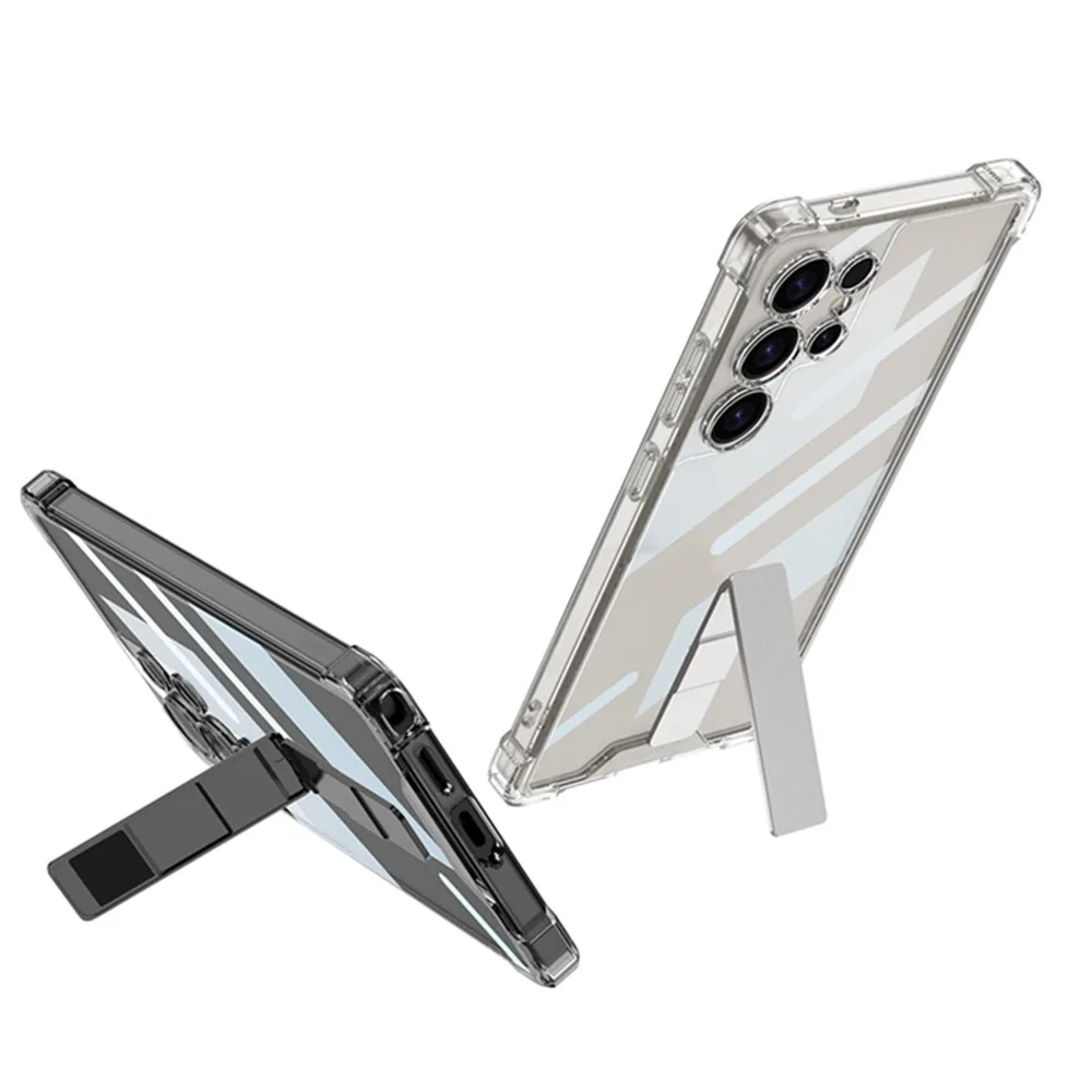 4-Corner Shockproof Hard Shell Phone Case for Samsung Galaxy S25 Ultra Transparent Rotating Bracket Plastic Protective Cover