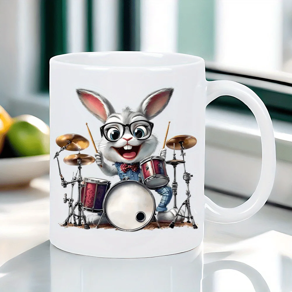 Drummer Bunny Funny Design Ceramic Mug, Perfect Gift for Music Lovers and Coffee Enthusiasts, Unique Collection