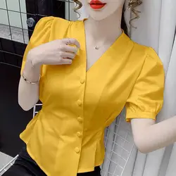 Elegant V-Neck Button Lace Up Bow Irregular Puff Sleeve Shirt Female Clothing 2023 Summer New Casual Tops Asymmetrical Blouse