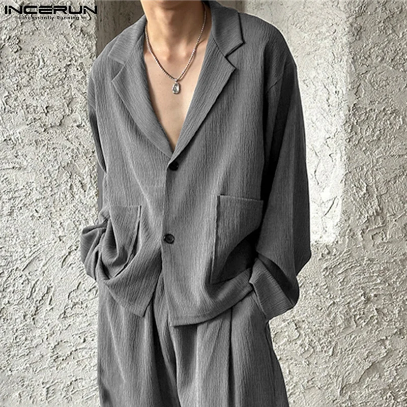 

2024 New Men's Casual Long Sleeve Blazer INCERUN Korean Fashion Solid Tops Elegant Ruffle Vintage Style Coats Loose Male Blazer